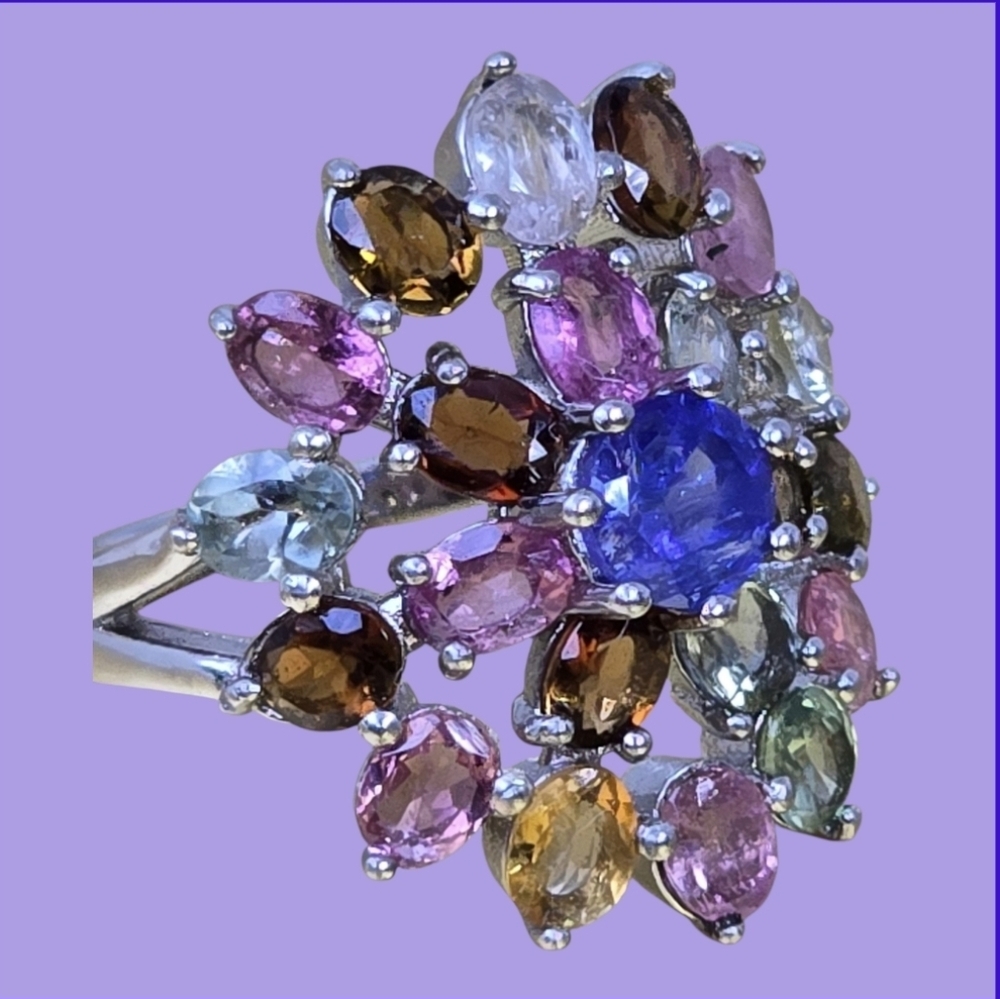 Round Blue Natural Tanzanite 5mm‎ & Tourmaline 925 Sterling Silver Ring Size 6